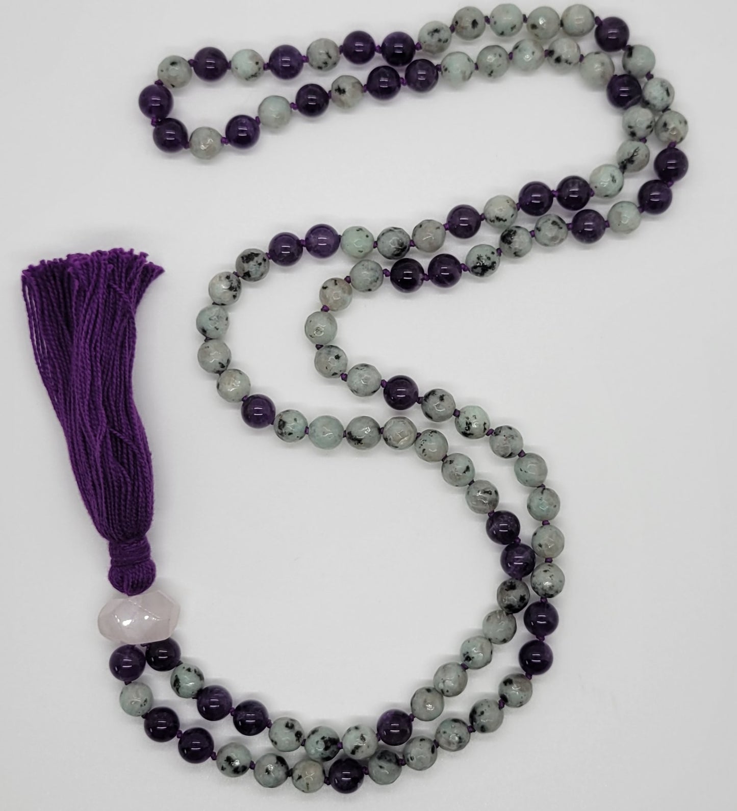 Kiwi Jasper and Amethyst Mala